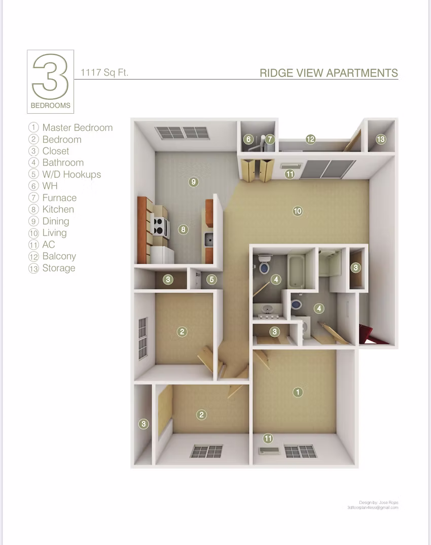 Three bedroom floor plan
